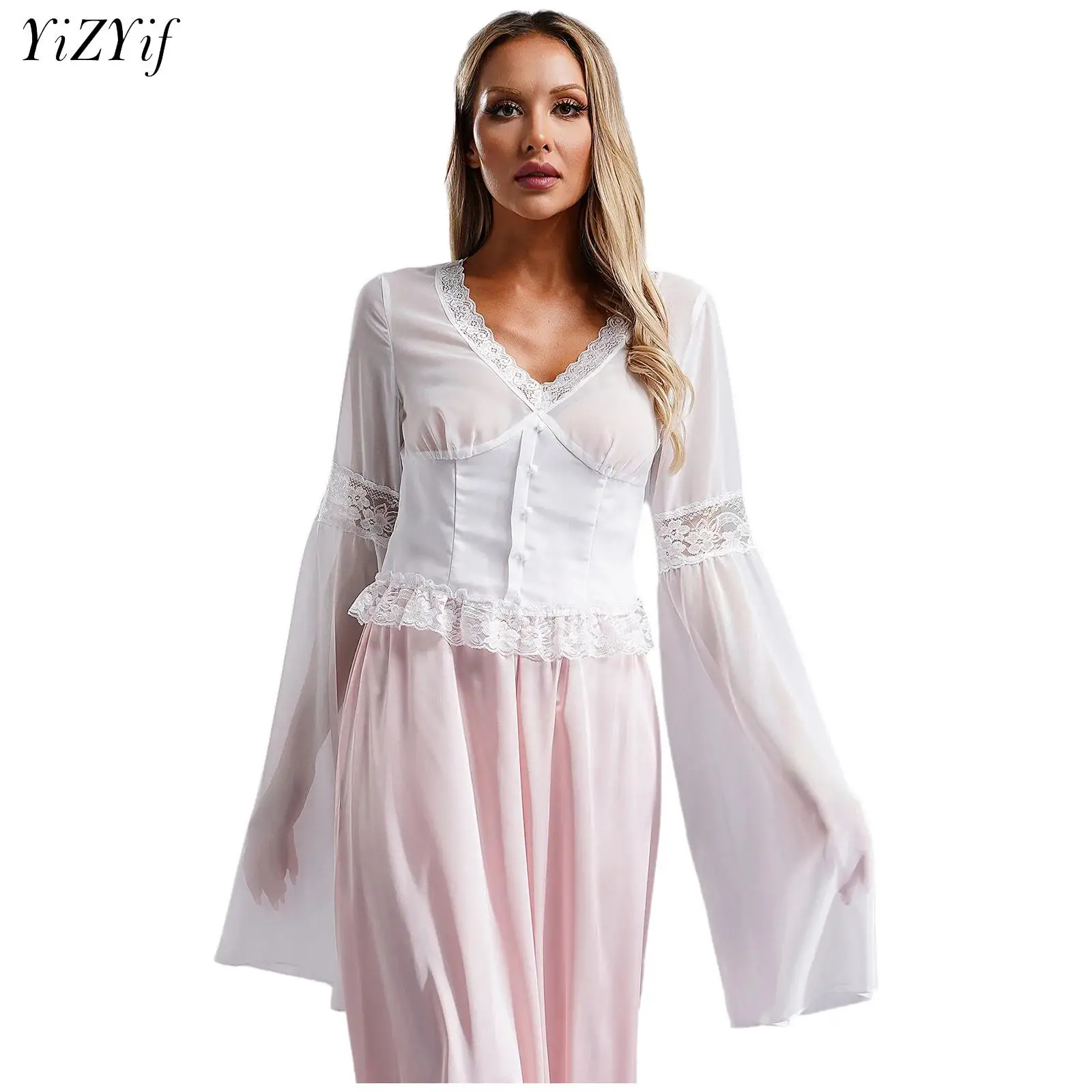 

Gothic Lace Chiffon Crop Top Womens V Neck Flare Sleeve Shirts Blouses See Through Y2k Black Festival Rave Club Party Outfit