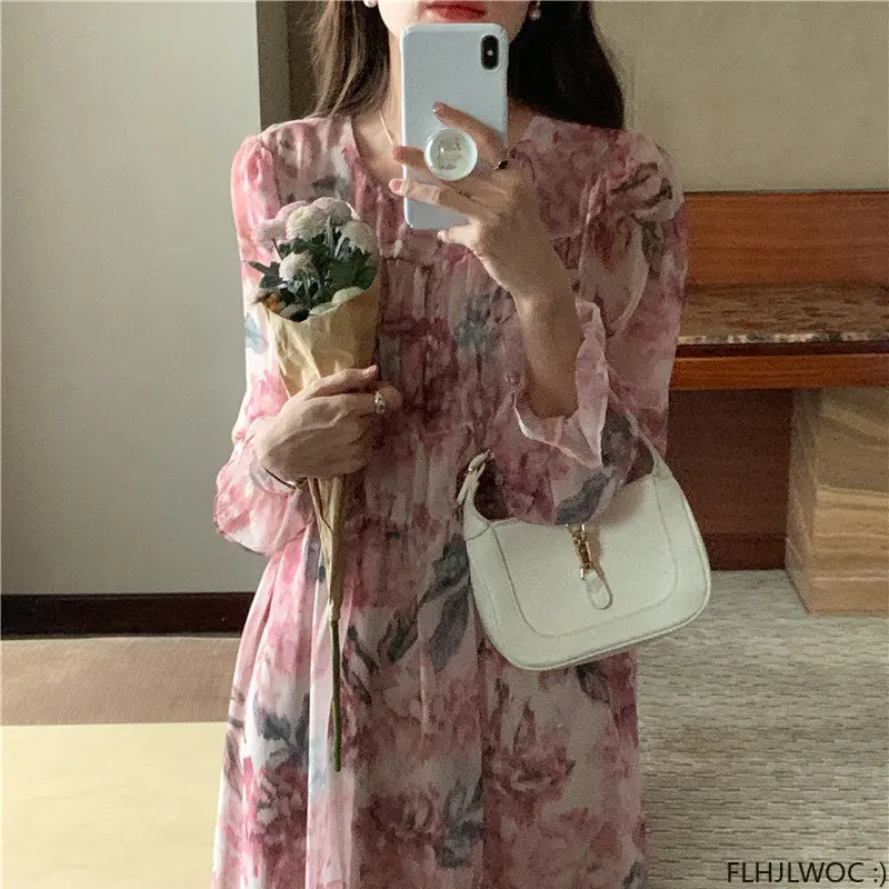 Zuid-korea Chic Jurken Hot Vrouwen Flhjlwoc Stijl Ontwerp Retro Bloemenprint Temperament Vintage Bloem Roze Romantische Lange Jurk