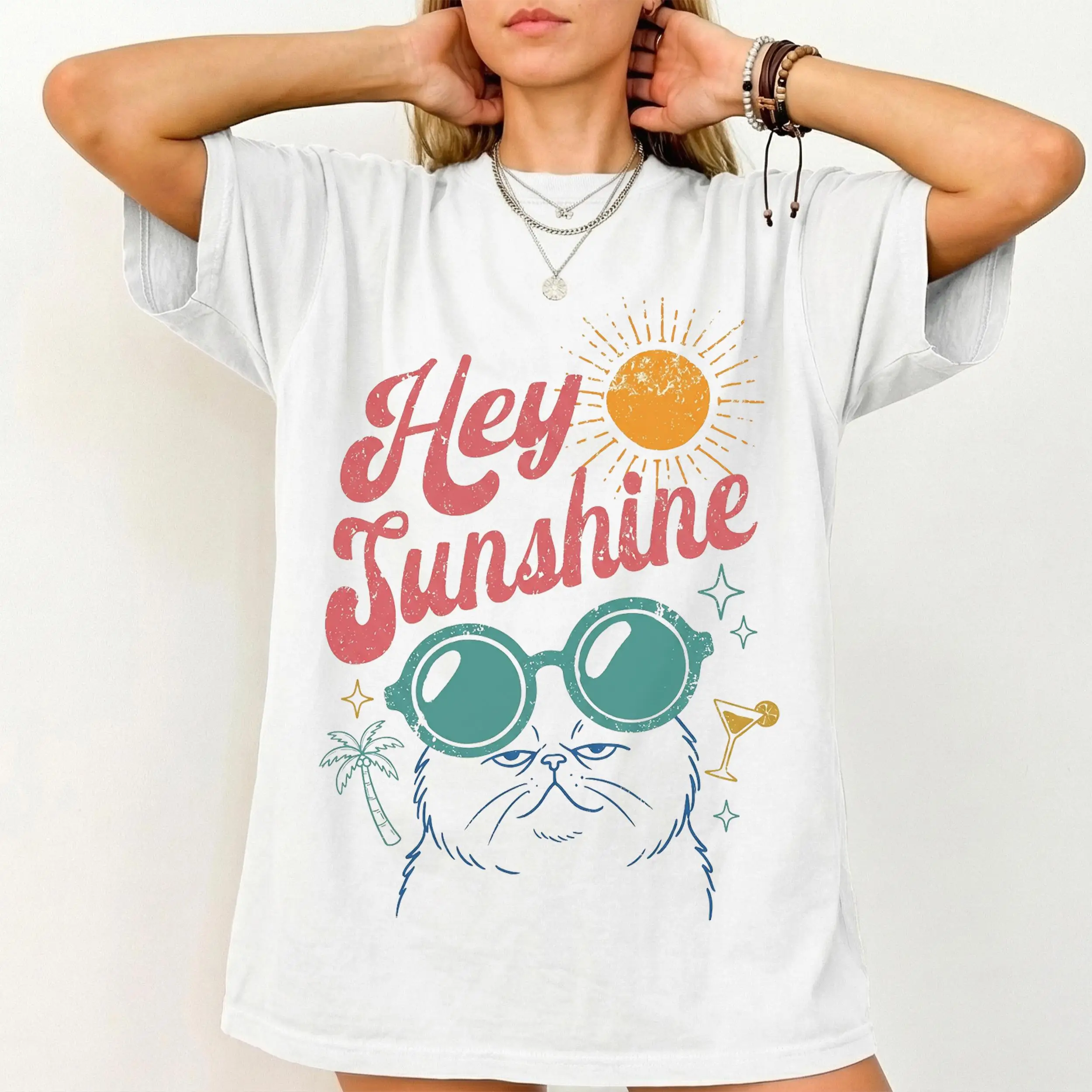 Retro Persian Cat Shirt, Grumpy Cat Hey Sunshine Summer Tee Summer Unisex Loose and Breathable T-shirt Top