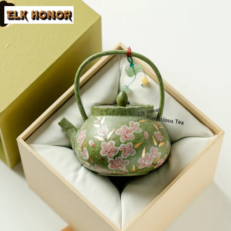 

125ml Pure Hand-painted Plum Blossom Green Orange Teapot Aesthetic Tea Infuser Pot Tea Brewing Kettle With Filter Tableware Gift