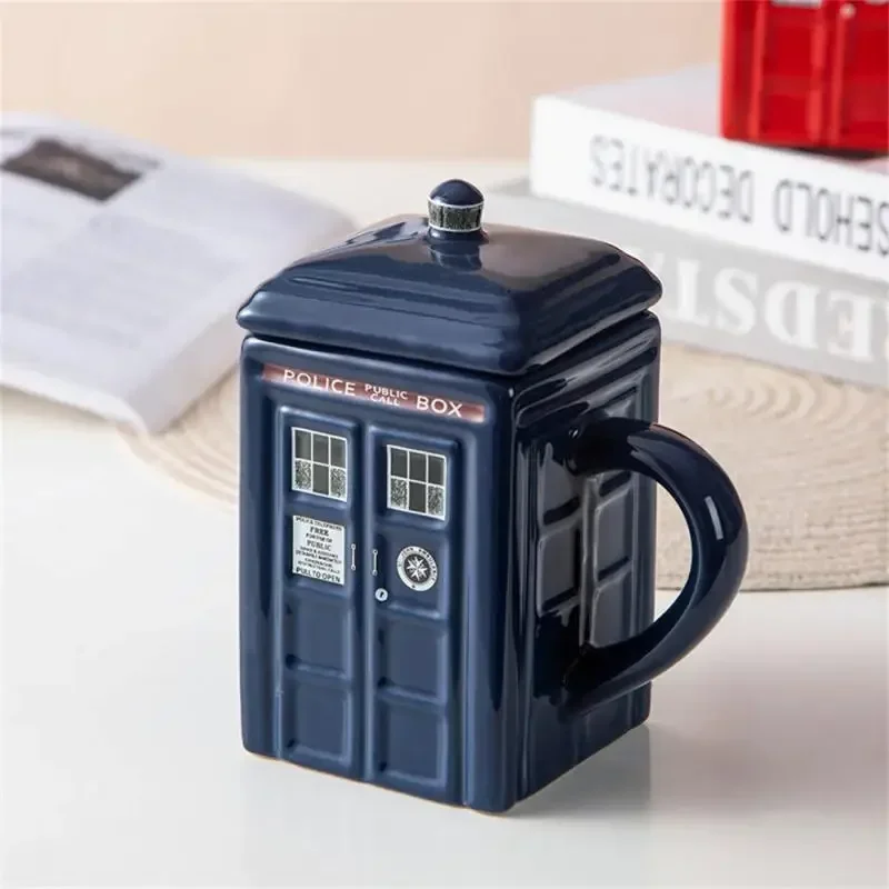 Creative Police Box Mug Old Style Funny Ceramic Coffee Tea Cup with Spoon Gift Box in Blue and Milk Drinks Breakfast Cup