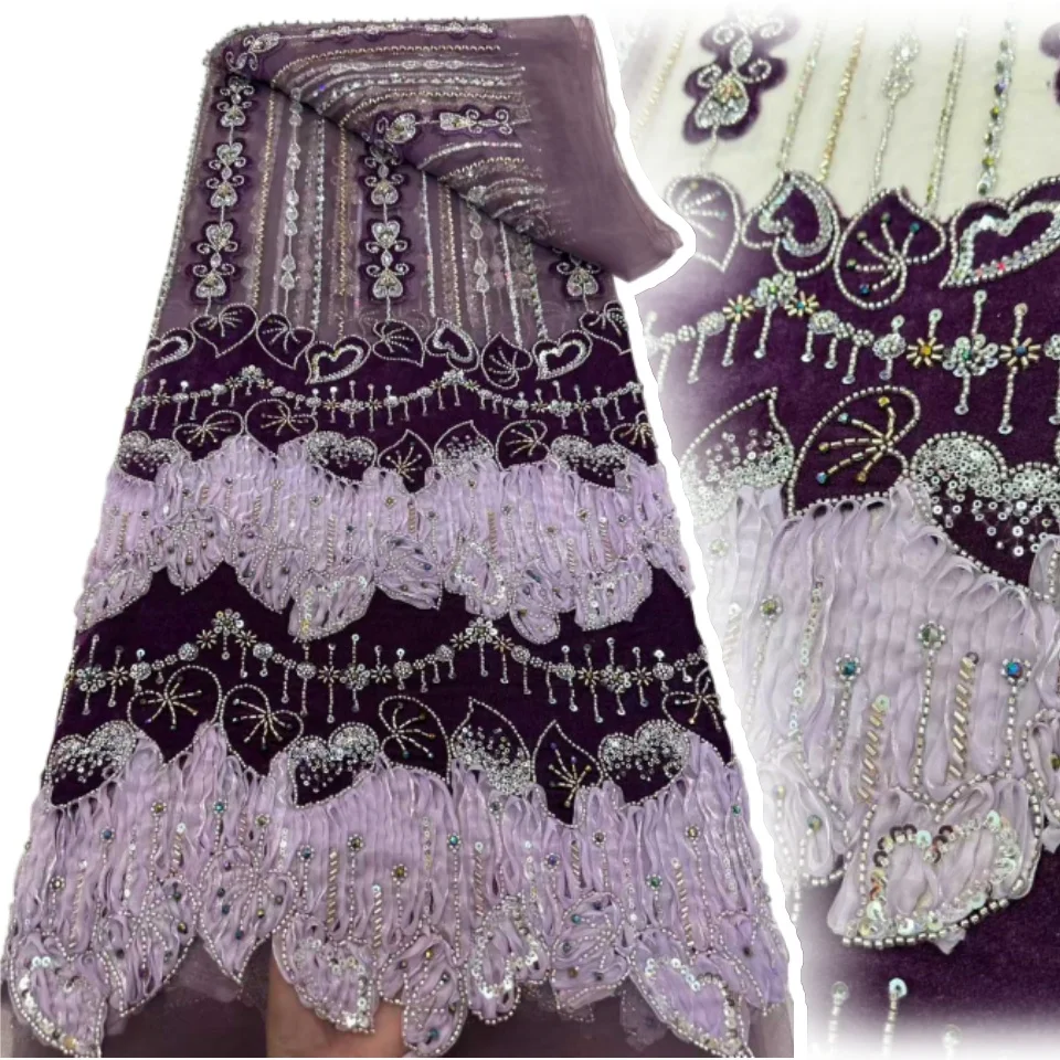 

Luxury Beads Mesh Lace Fabrics Velvet Lace Nigerian African Tulle French Tulle Beaded Net Lace for Women Evening Dresses 1971