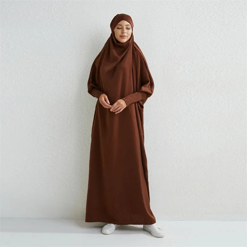 JINIA Gebetskleid mit Kapuze: Muslimisches Kleid mit gesmokten Ärmeln, islamisches Bescheidenheitskleid, Dubai, Saudi-Arabien, schwarze Robe