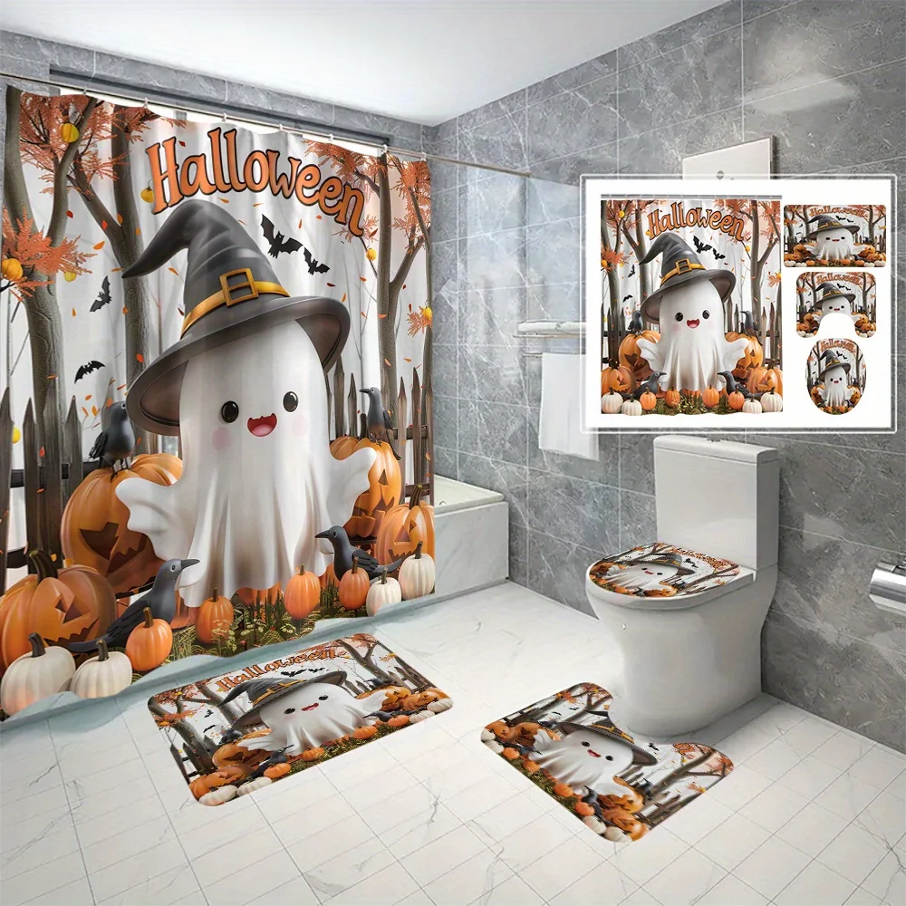 4pcs Halloween Bathroom Set - Ghost, Witch Hat & Pumpkin Shower Curtain, Toilet Cover & Mats, Spooky Festive Decor