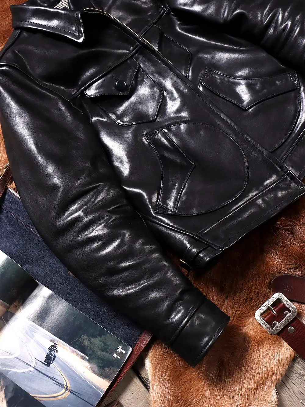 Full Grain Batik ผัก Tanned Cowhide อเมริกัน Vintage Mendoza ผู้ชายสั้นของแท้หนัง Biker Jacket