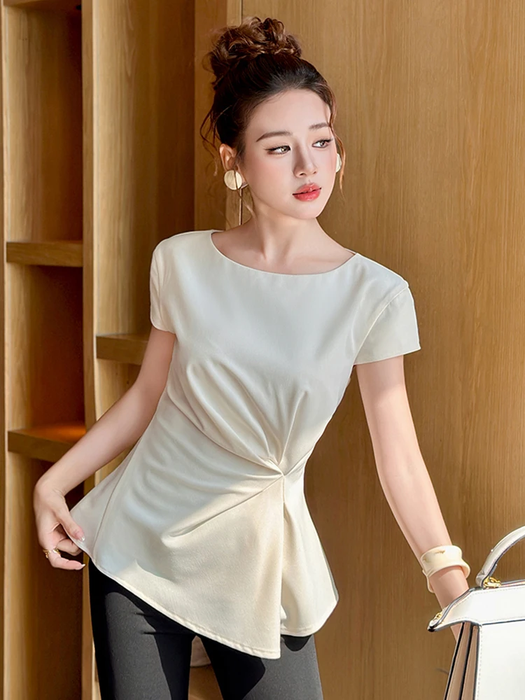 

Women's Short Sleeve Tops Pleated Waist Asymmetric Hem Slim Office Casual Blouse Classic Simple T-Shirt Basic Femme Clothing New
