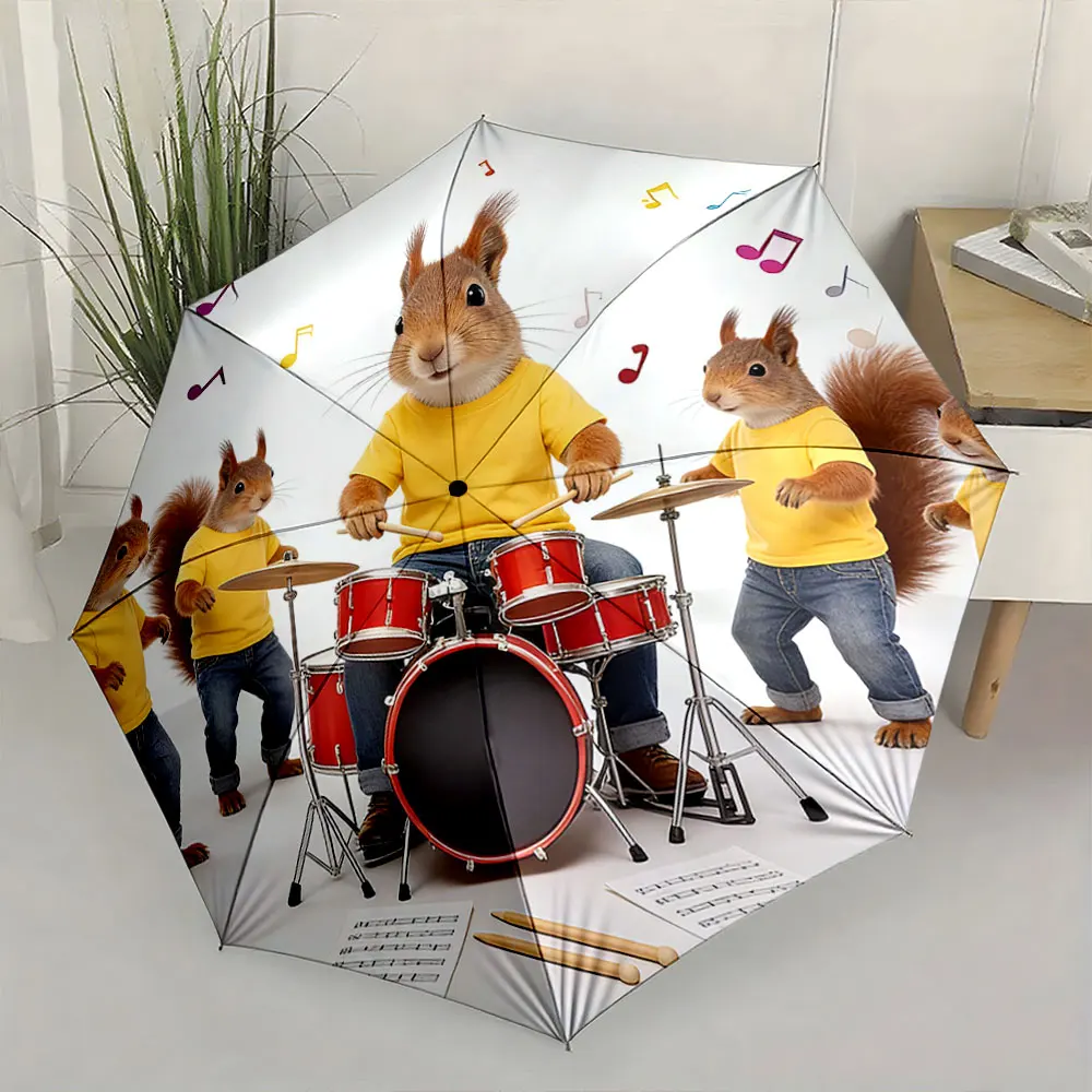 1PC Squirrel Band Design Umbrella with Vibrant Colors and Patterns 8 Iron Ribs Folding Umbrella Auto-Open Fashion Sunshade