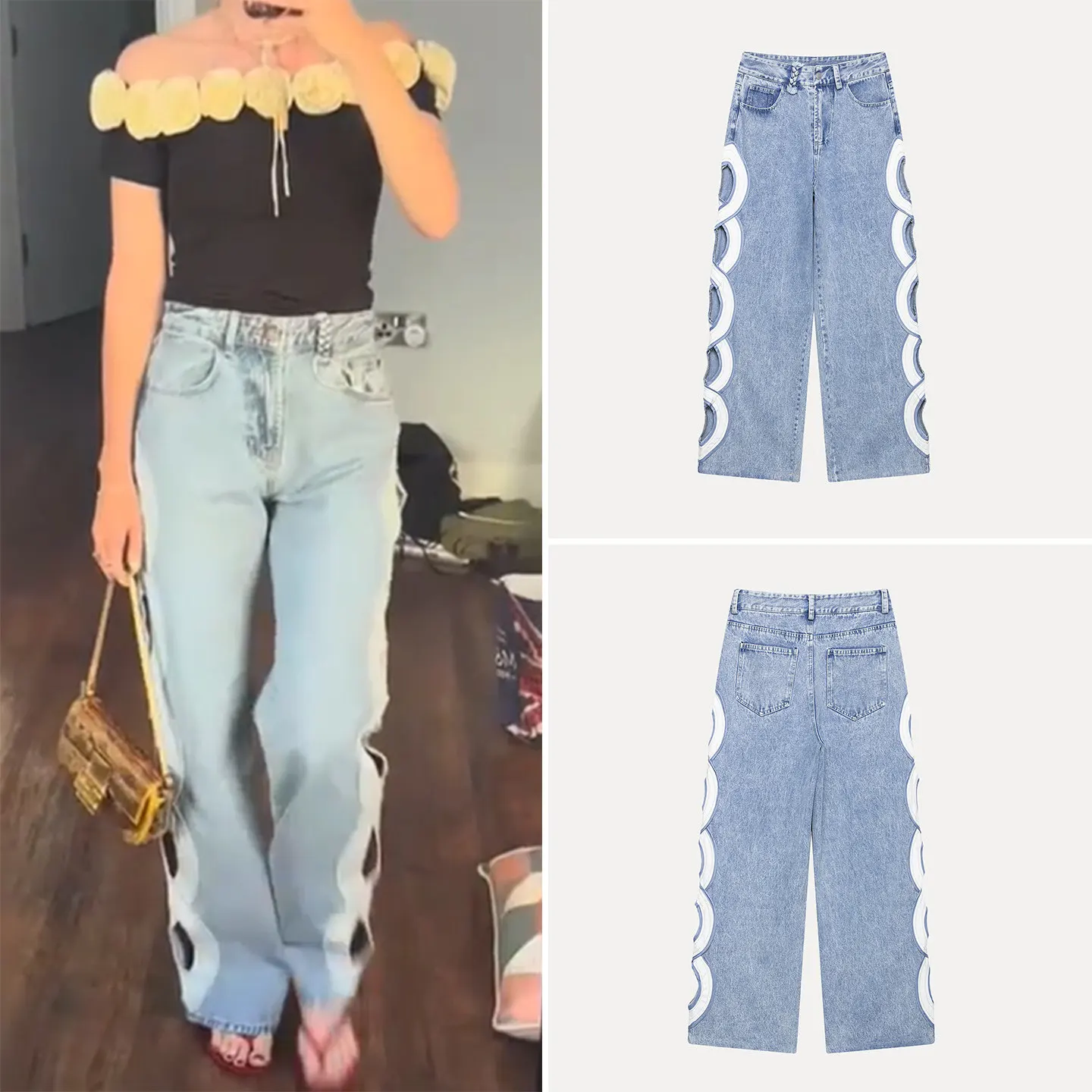 

Fashionable High Waist Button up Hollow out Straight Leg Jeans Women's Summer Clothing New Arrival 2026 Elegant Slim Fit Denim