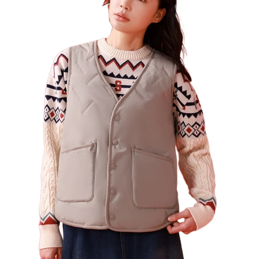 

Solid Oversized Cropped Vest Women with Pockets V-neck Windproof Waistcoat All Match Thick Woolen Jumper Jackets Couple