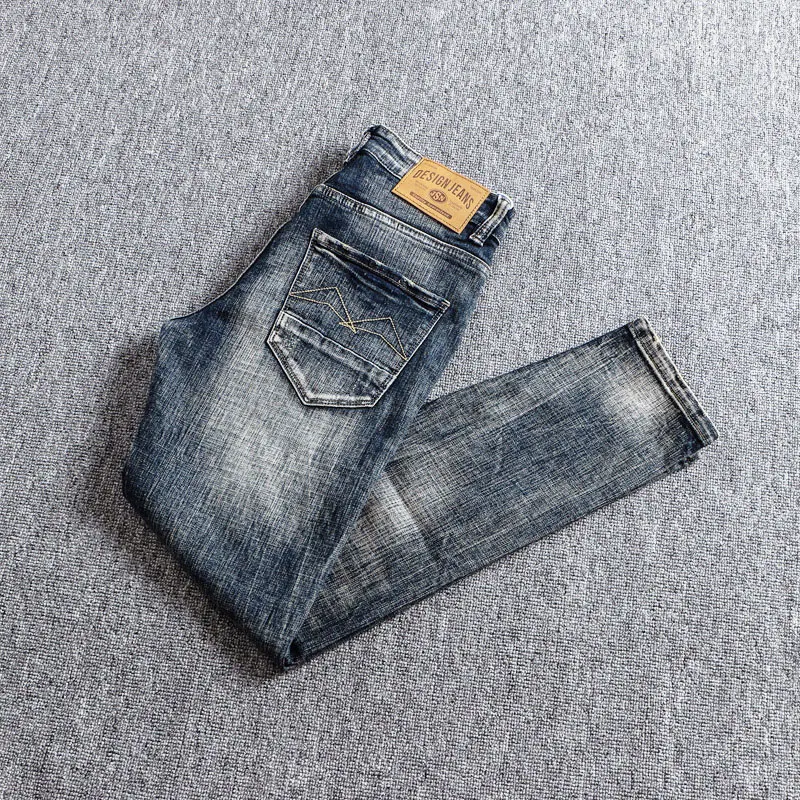 Italian Style Fashion Men Jeans High Quality Retro Washed Blue Elastic Slim Fit Ripped Jeans Men Vintage Designer Denim Pants