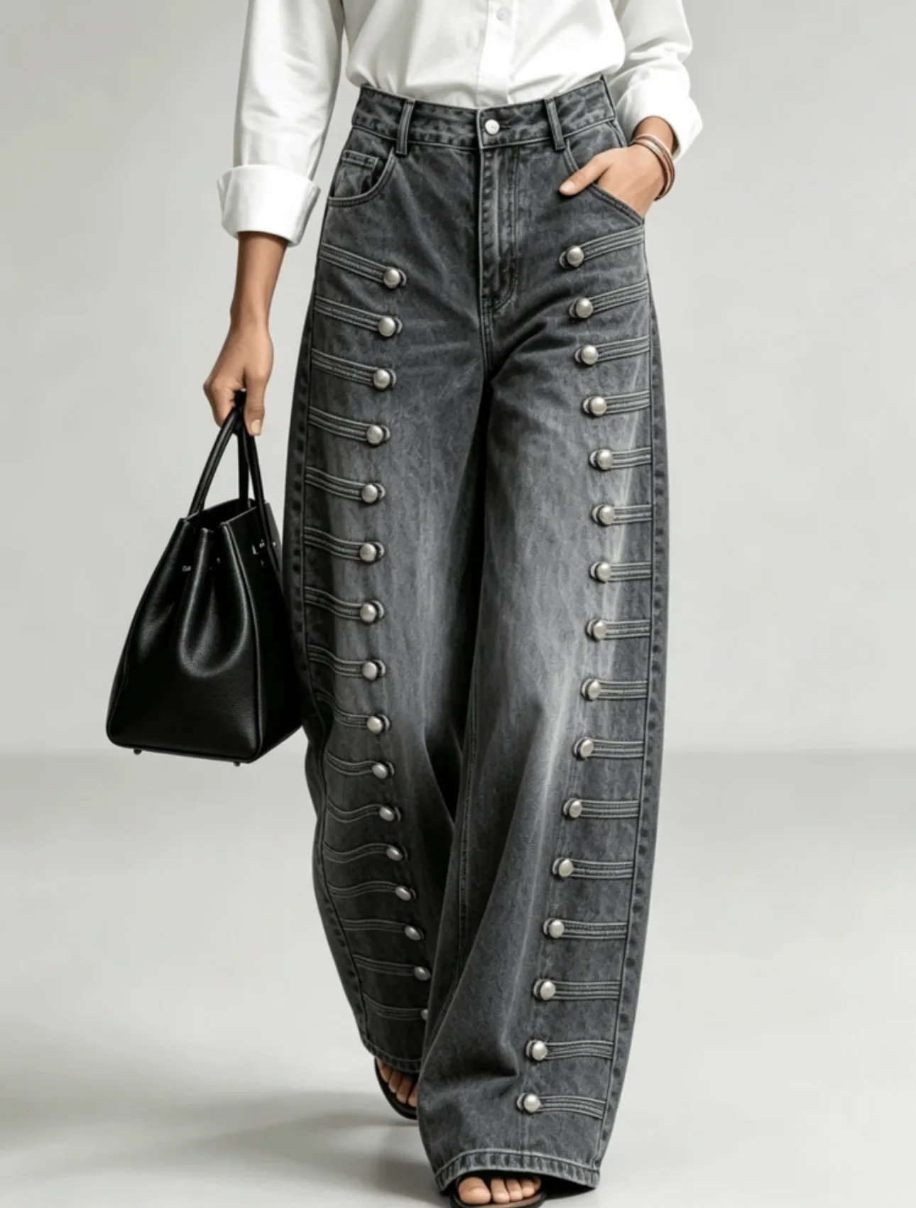 High-Waisted Slimming Metal Zipper Denim Pants for Women Trendy Retro Oversized Flare Streetwear Bad Girl Style 2026