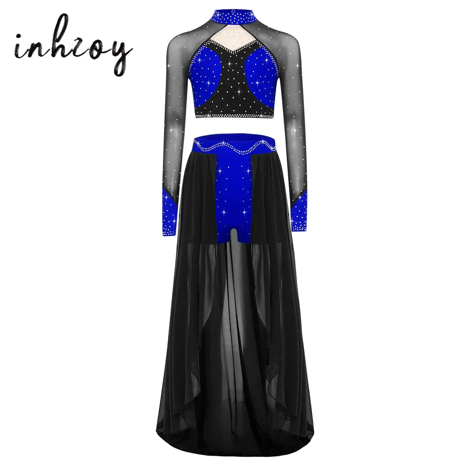 

Kids Girls Modern Lyrical Dance Outfit Shiny Rhinestones Long Sleeve Cutout Mesh Patchwork Color Block Crop Top+Shorts Skirt Set
