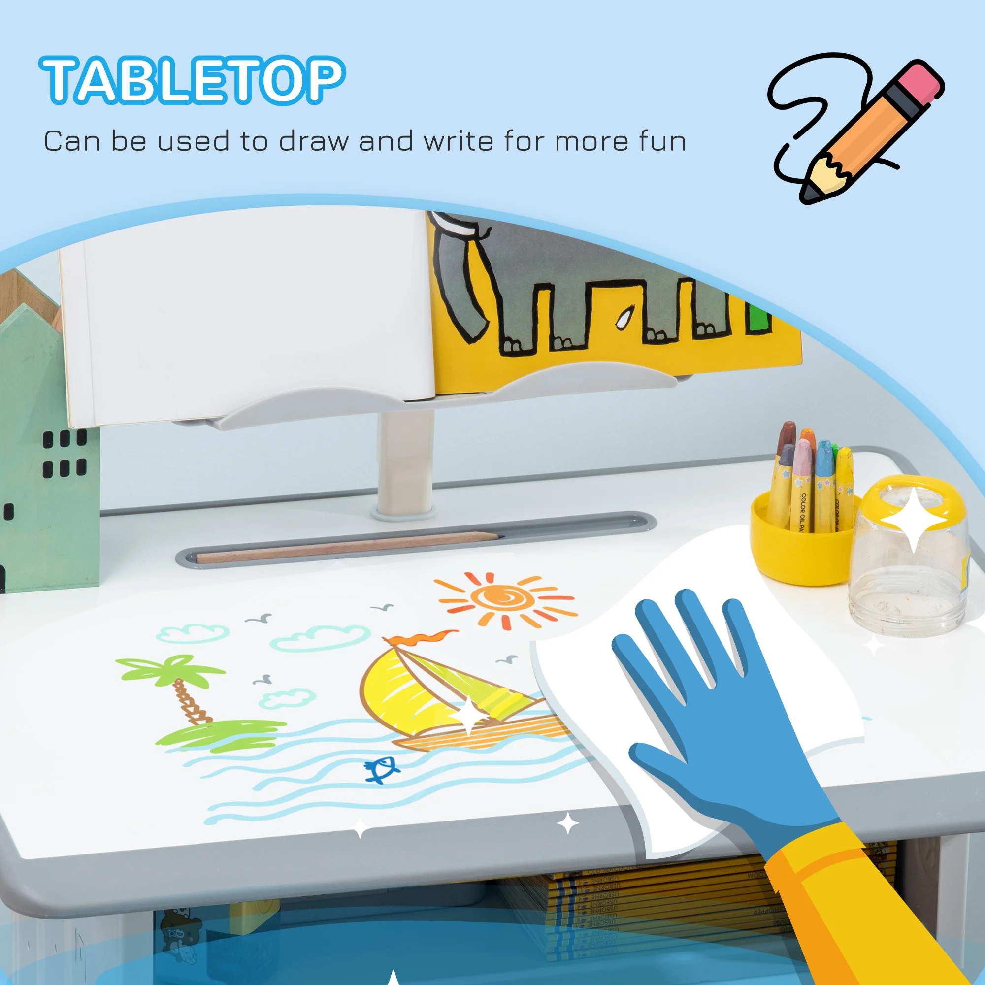 HOMCOM Kids Desk and Chair Set Adjustable Height Study Table Set with Drawer, Book Stand, Pen Slot