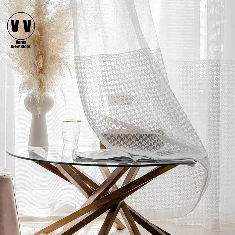 

Embroidered Tulle Curtains for Living Room,Houndstooth Window Screen, Floral White Voile, Sheer Curtain for Kitchen, Drapes