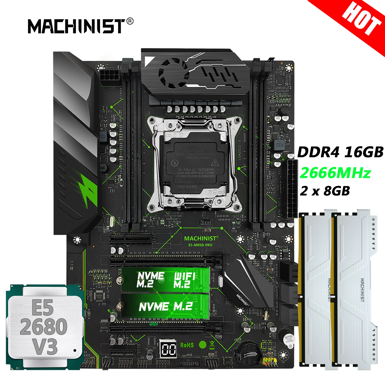 MACHINIST X99 Motherboard Combo MR9A PRO LGA 2011-3 Kit Xeon E5 2680 V3 CPU+DDR4 2 x 8GB RAM 2666MHz Memory NVME M.2 USB3.0 ATX