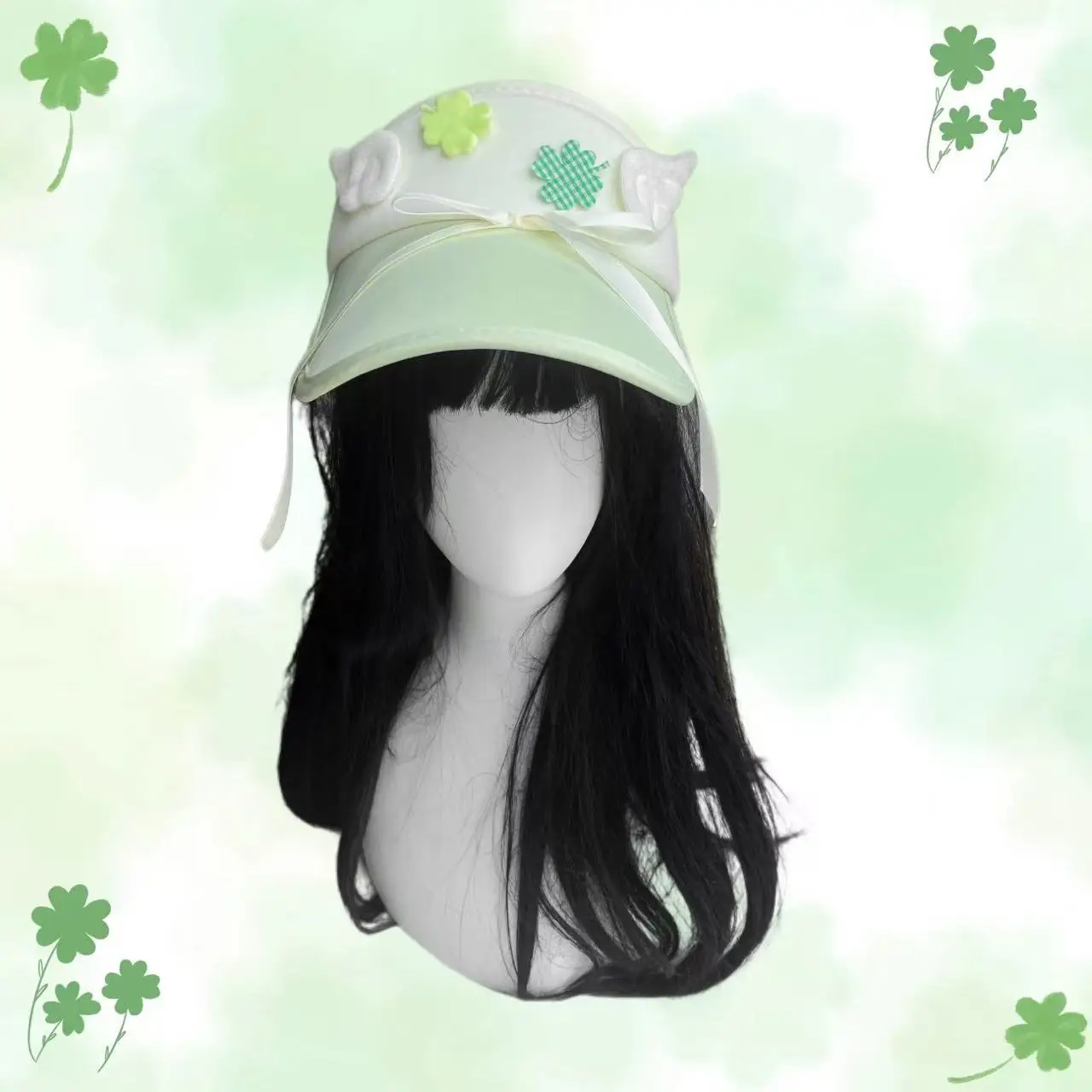Kawaii Clover Sun Visor Hat with Angel Wings -Sweet Lolita Fashion Y2K Subculture Accessory Versatile Empty Top Hat