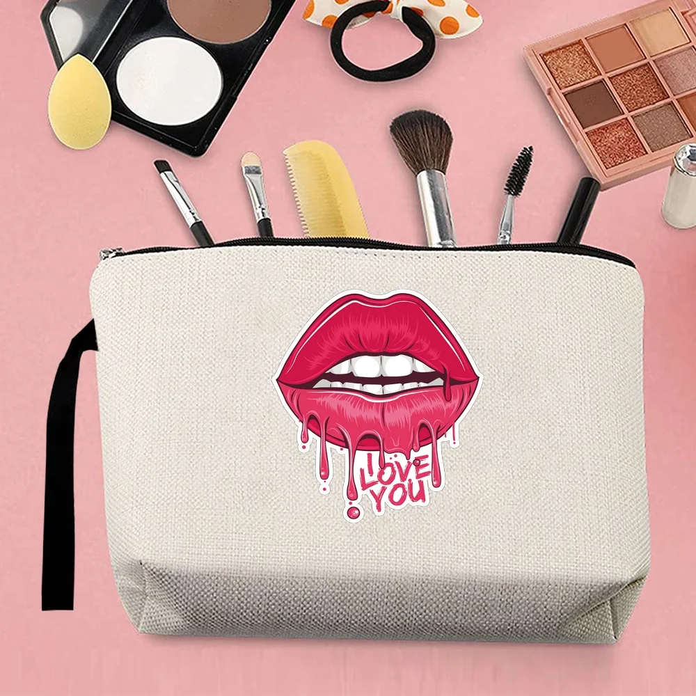 2024 Fashion Hot Selling Makeup Storage Bag Handbag Ladies Coin Purse Canvas Cartoon Sexy Red Lips Pattern Printed Strap Beige