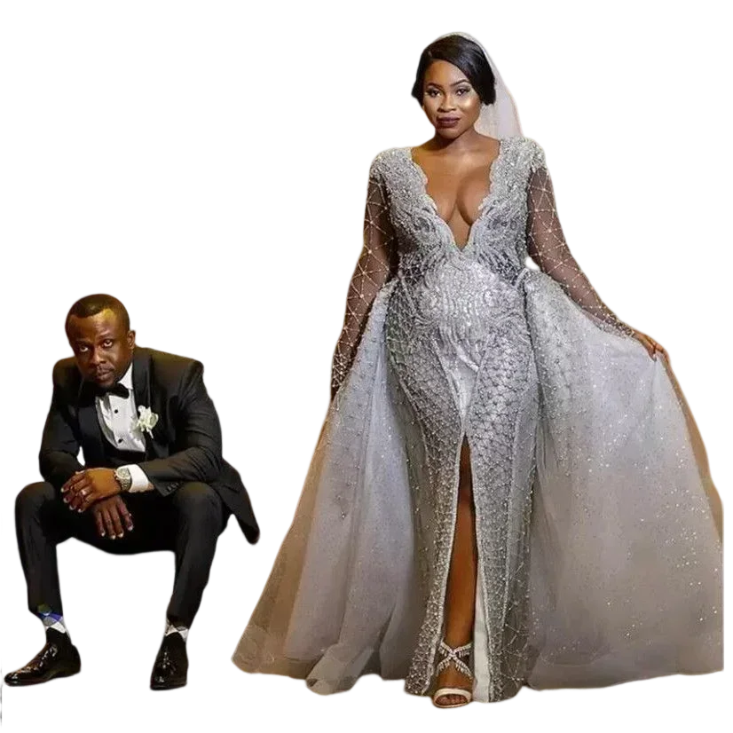 Customized  Handmade Heavy Pearls Beading Mermaid Wedding Dress With Detachable Train Full Sleeves African Bridal Gown