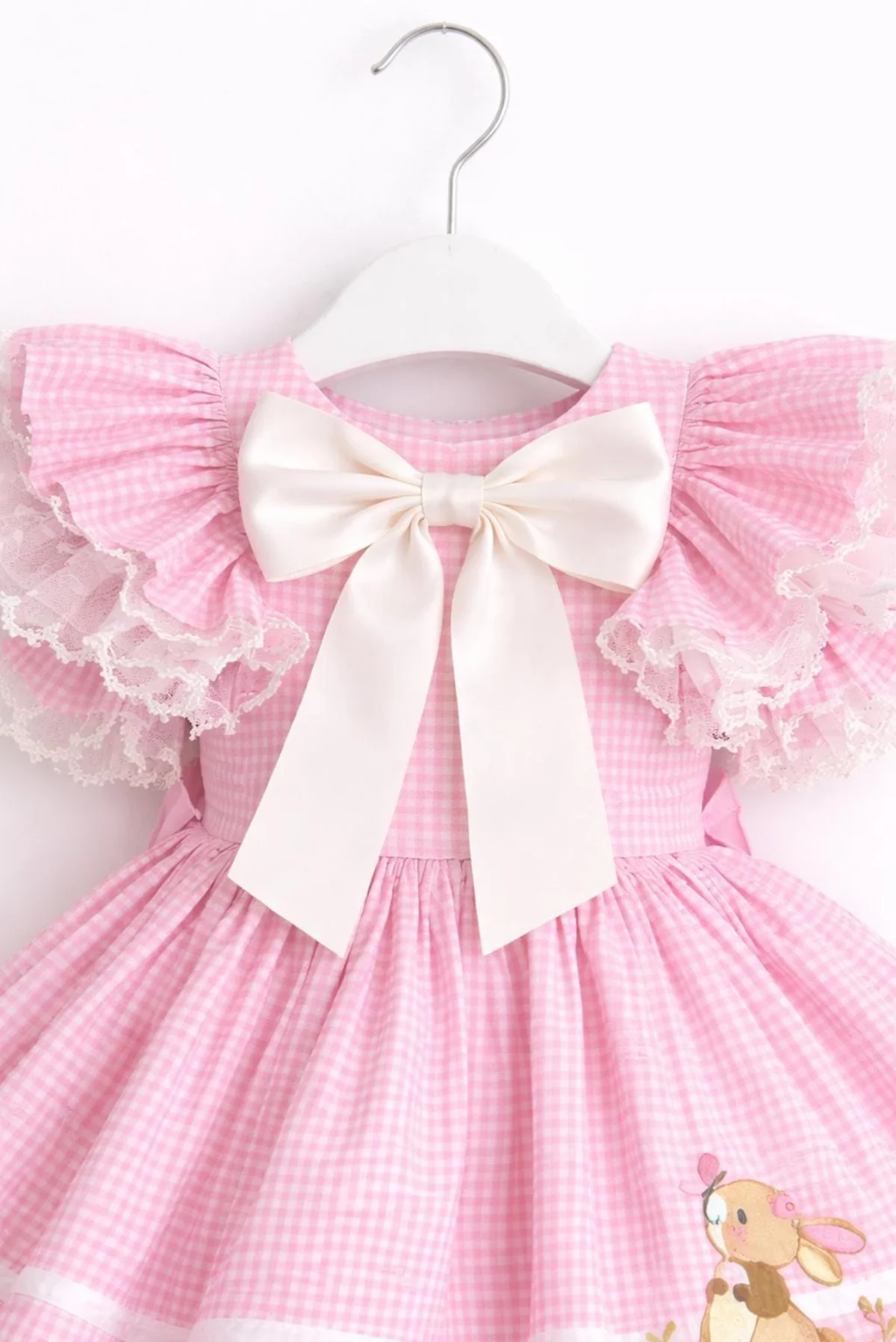 Summer Girl Sweet Rabbit Embroidered Pink Checkered Dress for Casual Party Birthday Wedding Photography B622