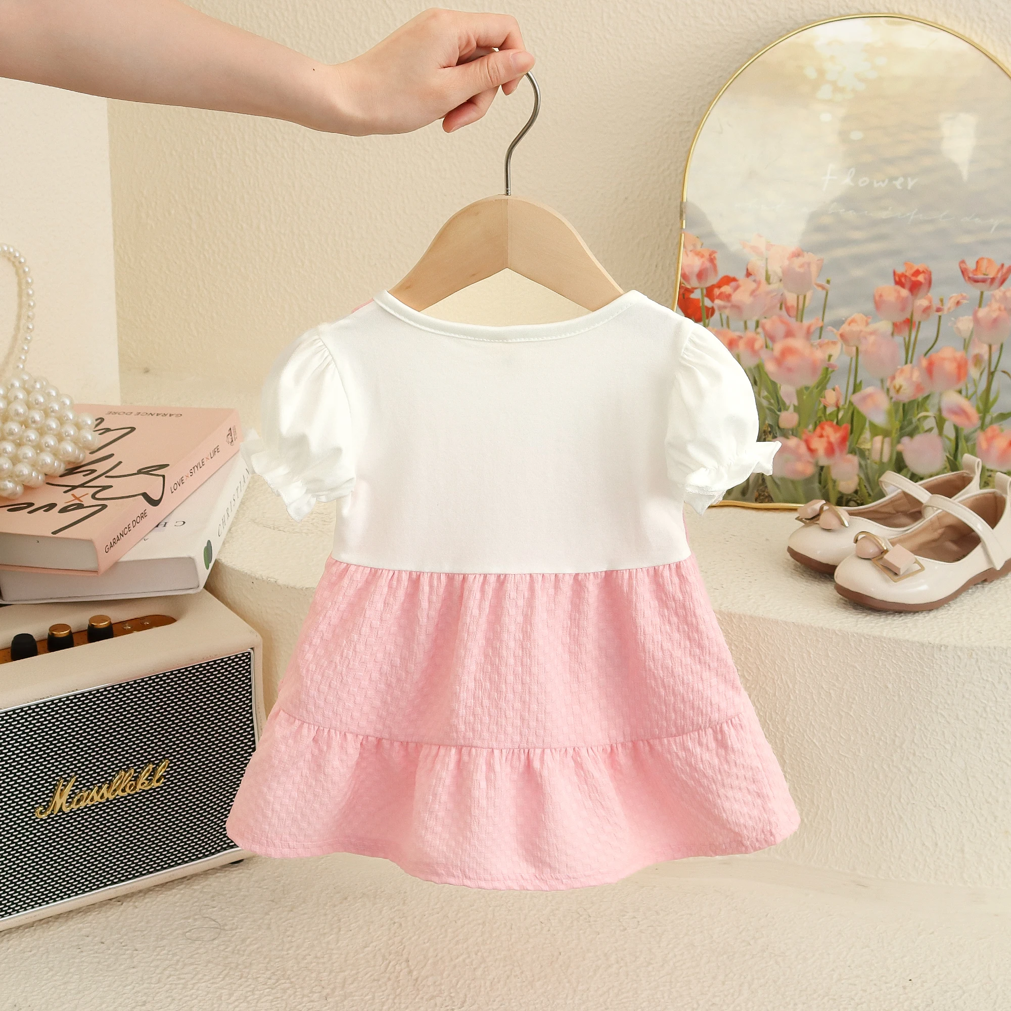 Pink Bow Bubble Sleeves Soft Cotton Dress Baby Girl Sweet Princess Dress for Girls Summer Casual Outdoor Outfit
