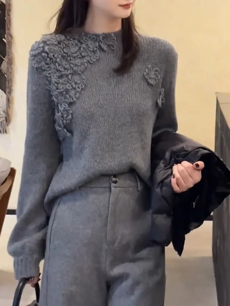 

Корейский трикотаж с цветочным принтом, большой размер, моющийся топ для похудения Ele для женщин, осень 2025, Новое поступление, снег Dr Yu