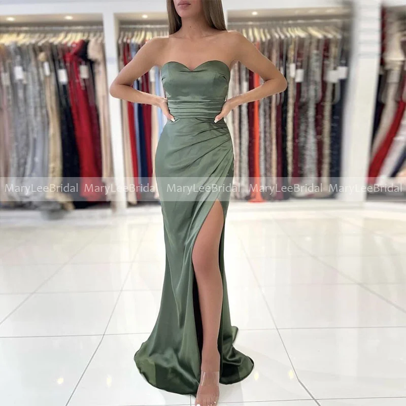 

Ruched Shiny Satin Evening Dresses Sweetheart Neckline Mermaid Kiwi Formal Dress Women Elegant Party Gowns Vestido Longo Festa