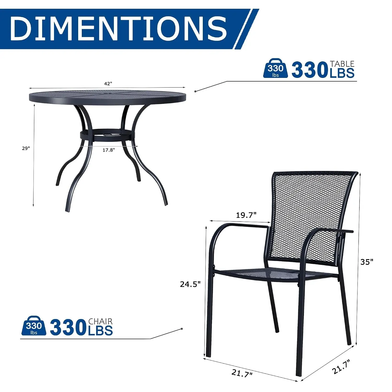 Black Metal Mesh Outdoor Dining Set 4 Stackable Armrest Chairs Patio Table for Lawn Garden Backyard, Customized