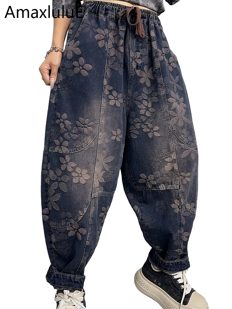 

Amax LuluE модные осенние женские винтажные джинсовые брюки с цветочным принтом свободные джинсы с принтом женские классические повседневные шаровары с эластичной резинкой на талии