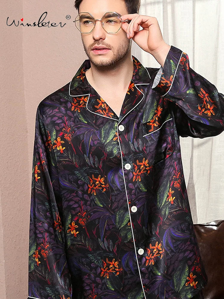Winsleter, 19MM 100%Real Silk Casual Pajama Set, Men Print Top Pants, Fashion Comfortable Sleep Homewear, Autumn Winter S40616CC