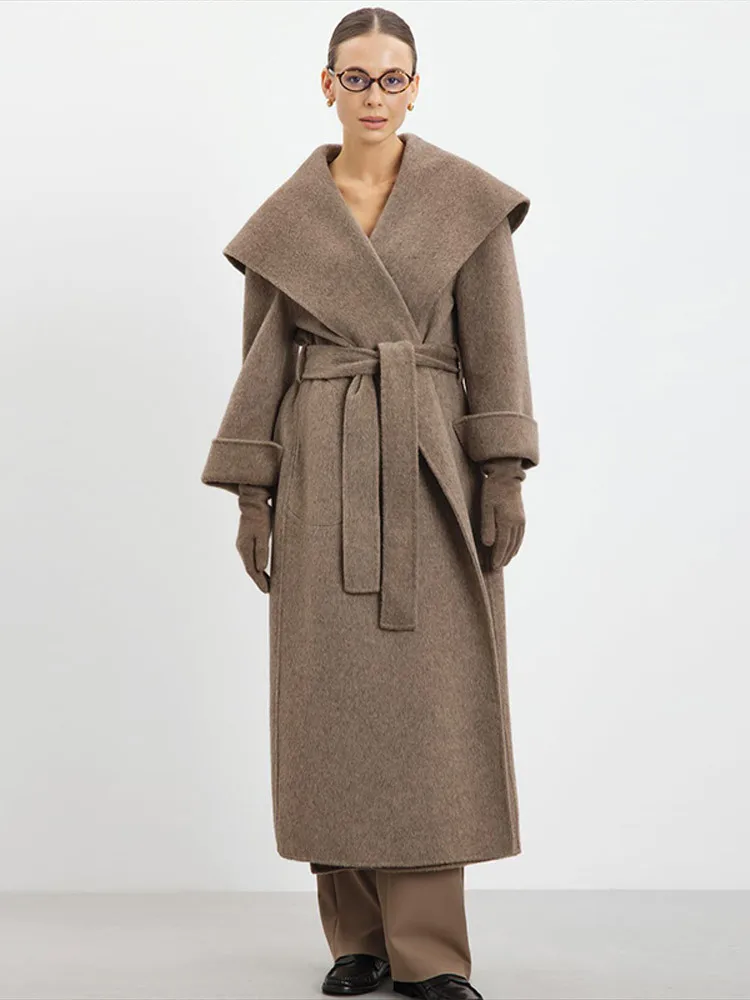 Elegant Shawl Collar Lace Up Long Woolen Coat Women Full Sleeve Belt Lapel Thick Overcoat 2025 Autumn Winter Lady Chic Outwear
