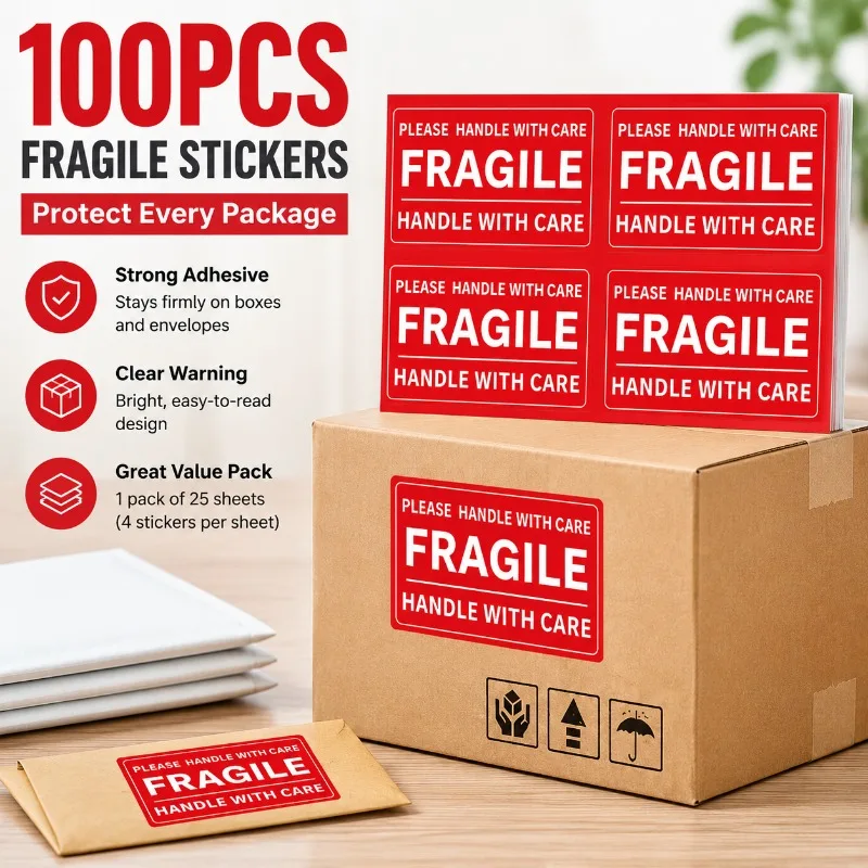 Autocollant d'avertissement fragile, 100 feuilles par paquet, pour la logistique, l'alerte de fret, l'étiquetage des cartons, les marchandises fragiles, autocollant auto-adhésif pour sceller les cartons