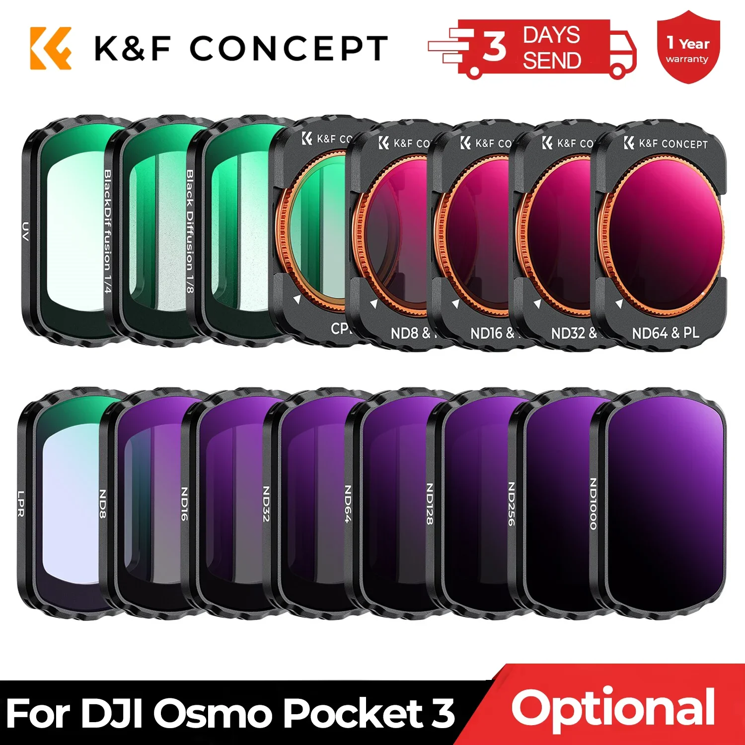 Filtro de Lente Magnético K&F CONCEPT para DJI Osmo Pocket 4 3, Ajustable ND2-32 ND32-512 UV CPL ND/PL Black-Mist 1/4, Filtros Opcionales