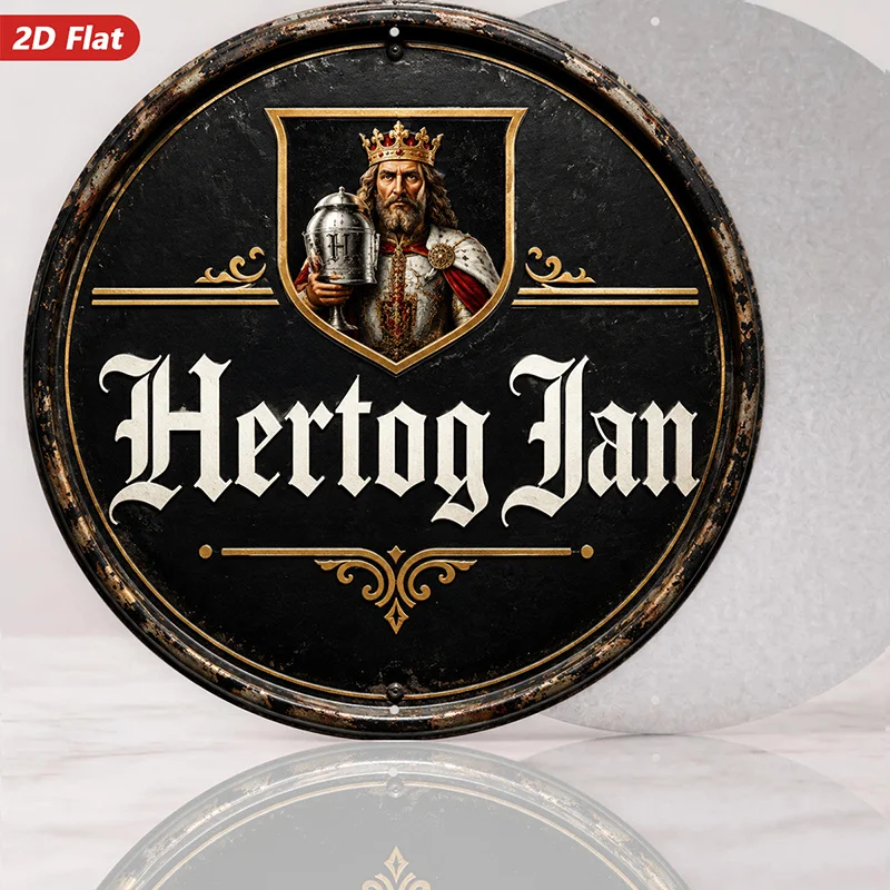 2D Flat, 1pc Round Metal Sign Wall Art, Vintage - Style, Heraldic - Design, Royal - Figure, Lettered 