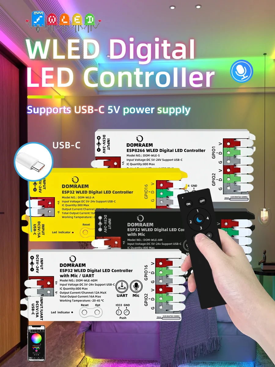DOMRAEM WLED LED-Streifen-Controller USB-C ESP8266 ESP32 Mic Sync 16A Sicherung Level Shifter WS2812 SK6812 RGBIC Digitaler Pixel-Lichtcontroller
