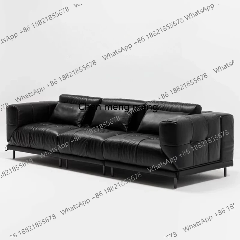 Modern multifunctional rotatable straight-line sofa for living room, black top-grain cowhide