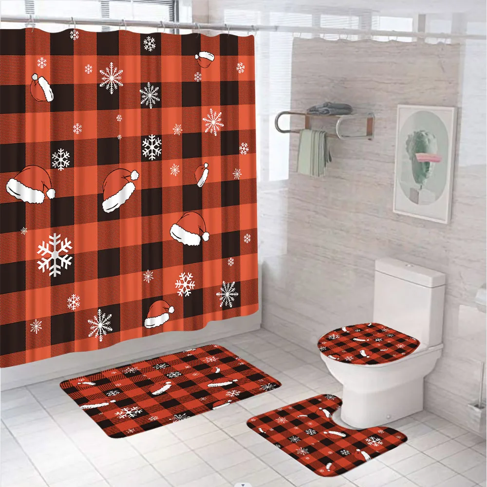 

Christmas Buffalo Plaid Bathroom Set Shower Curtain Rugs Accessories Red Xmas Cap Snowflake Winter Shower Curtain Bathroom Decor