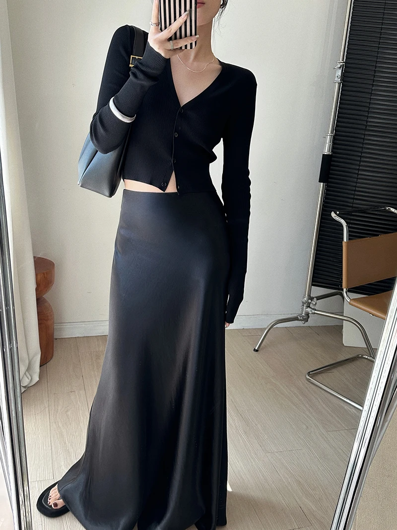 

Юбка MUCCHIC с высокой талией из ацетатного атласа, длинная, А-силуэта, современная, модная, глянцевая, струящаяся, для офиса, простая, однотонная