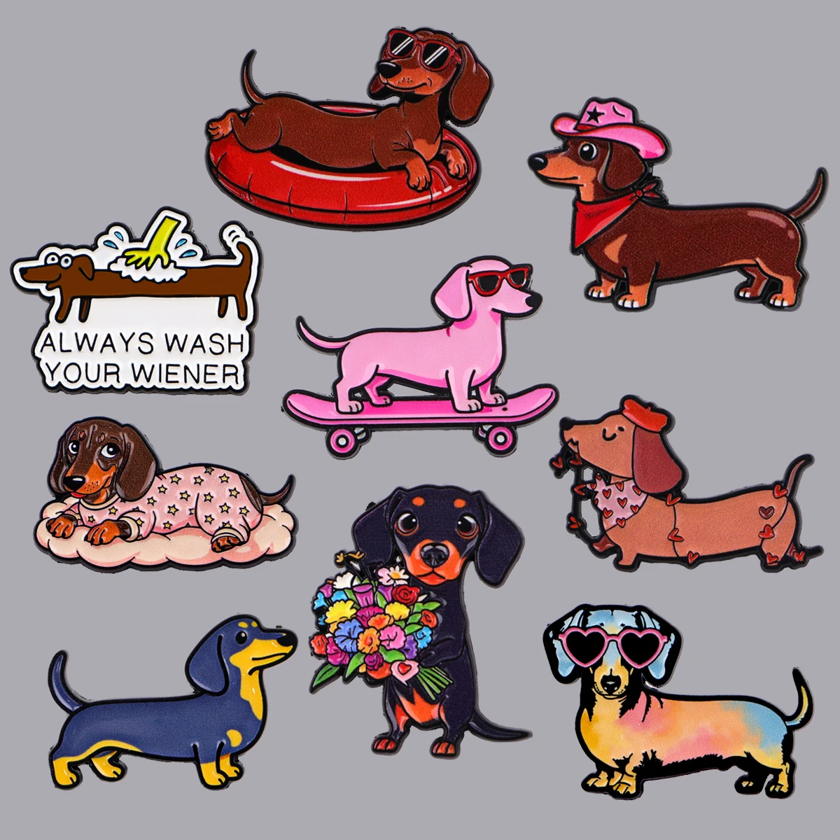 Mens Grooming Kit Gift - 1-6pcs/Set Dachshund Dogs Enamel Pin Brown
