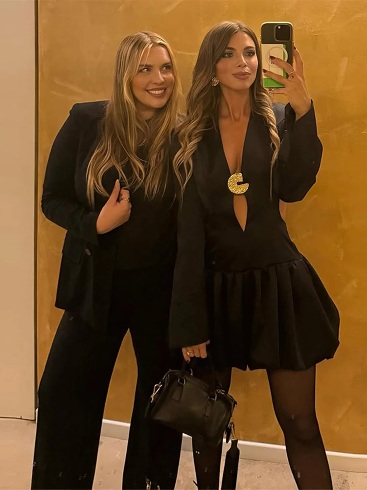 Seksowna sukienka na imprezę z wycięciami, damska, jednolita, z długim rękawem, bez pleców, plisowana, czarna, damska, modna suknia wieczorowa 2025, elegancka.