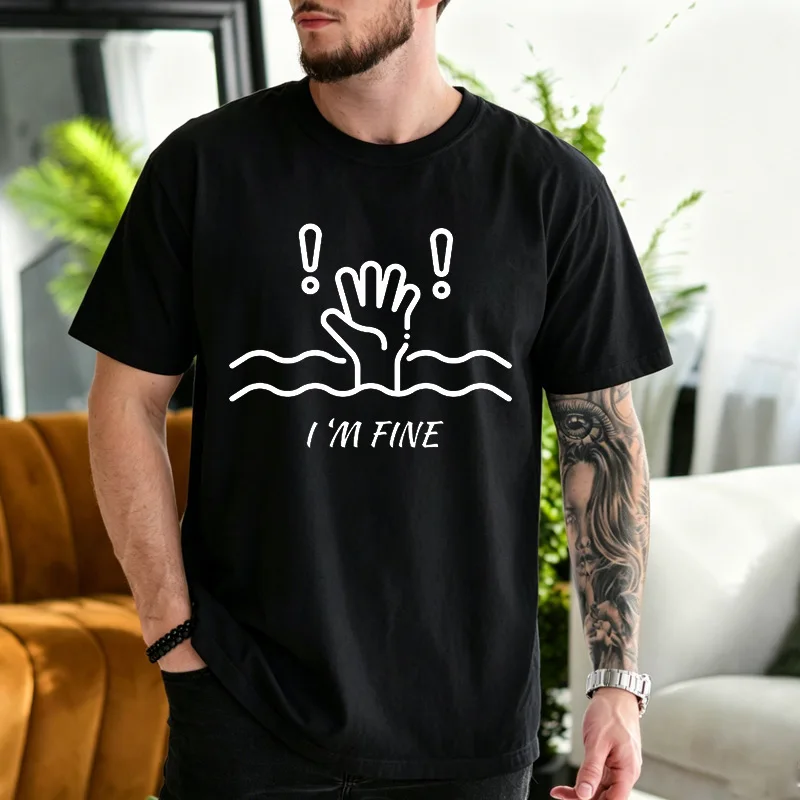 Mens Short Sleeve T Shirt I'm Fine Drowning Hand Graphic Tee Funny Humor Casual Crew Neck Tops For Daily Party Outdoor Wear