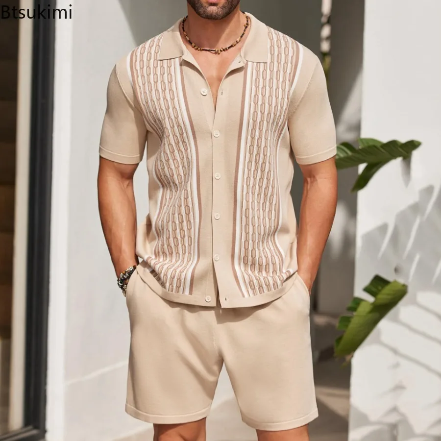 

Summer Ice Silk Two Piece Sets for Men Fashion Knitted Jacquard Short Sleeve Tops+Shorts Male Business Casual Polo Shirts Suit