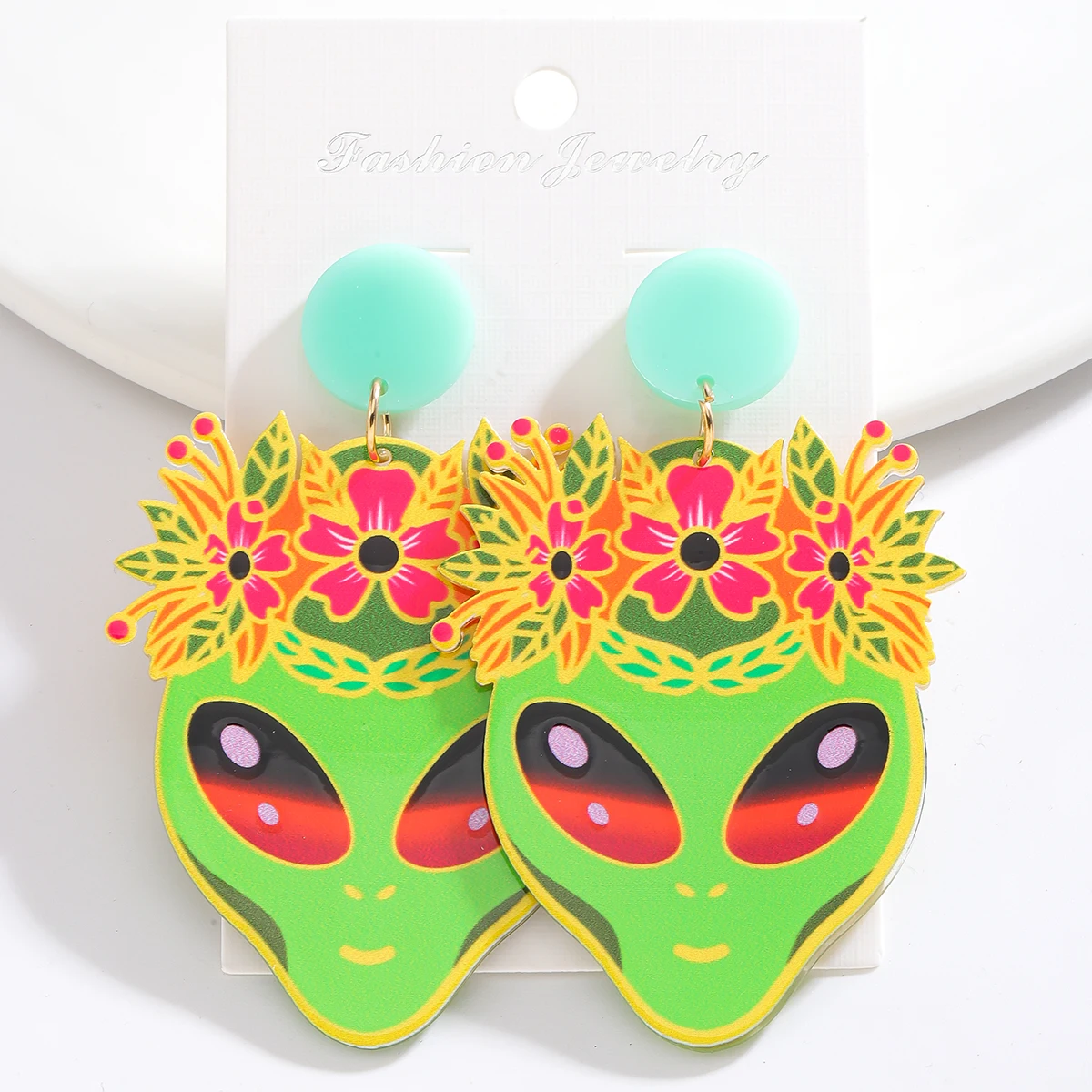 Vedawas Acrylic Alien Wreath Drop Earrings,Exaggerated Abstract UFO Colorful Printed Party Holiday Women Accessories