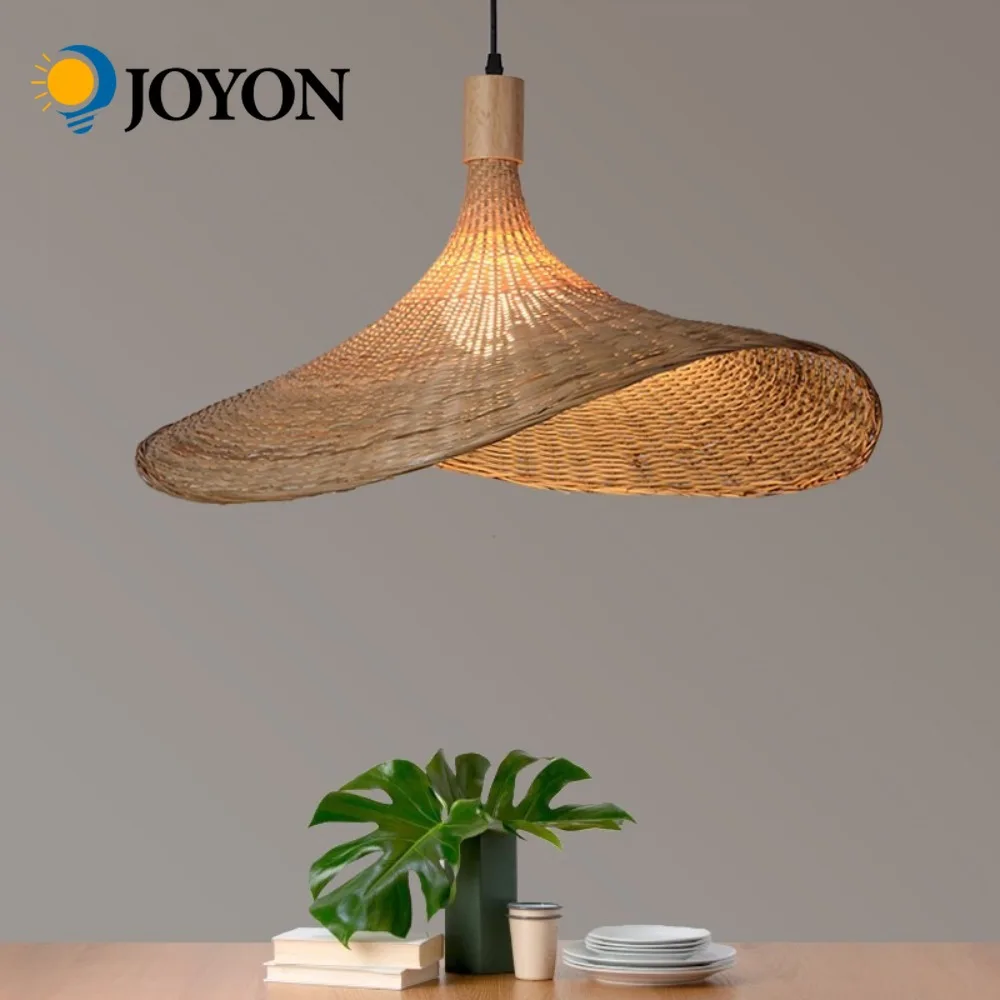 

JOYON 50cm Handmade Bamboo Woven Wabi-sabi Pendant Light Hat Retro Hand-woven Rattan Chandelier Lights for Balcony Bedroom
