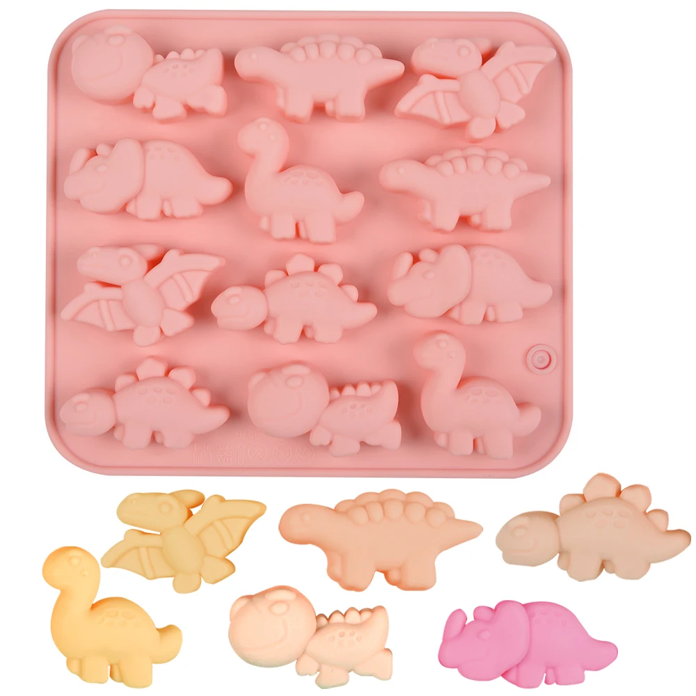 3D Cute Dinosaur Silicone Molds 12 Cavity Dinosaur Themed Baking Mould Tray DIY Baking Tool for Easter Chocolate Cake Dessert