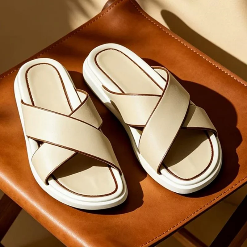 New Arrival Summer Men's Rubber Bottom Anti-slip Open-toe Genuine Leather Slippers Fashion Cross Strap Casual Outdoor Sandals