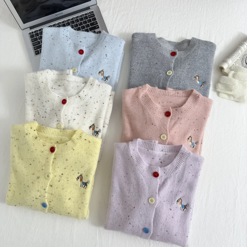 Pony Embroidered Sweater Cardigans for Women Fashion Korean Style Colorful Dots Buttons Women\'s Casual Knitting Tops Female