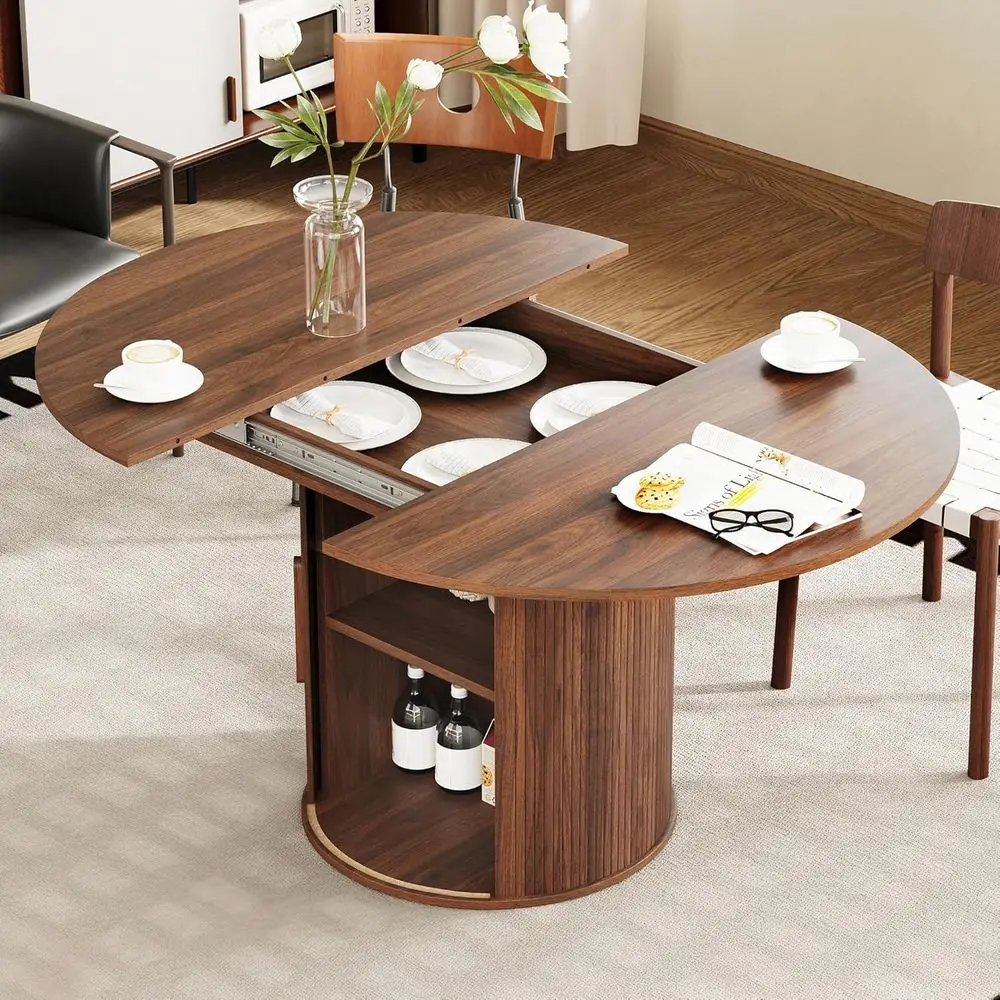 

Expandable Walnut Oval Dining Table with Hidden Storage and Sliding Door Cabinet for Kitchen and Living Room
