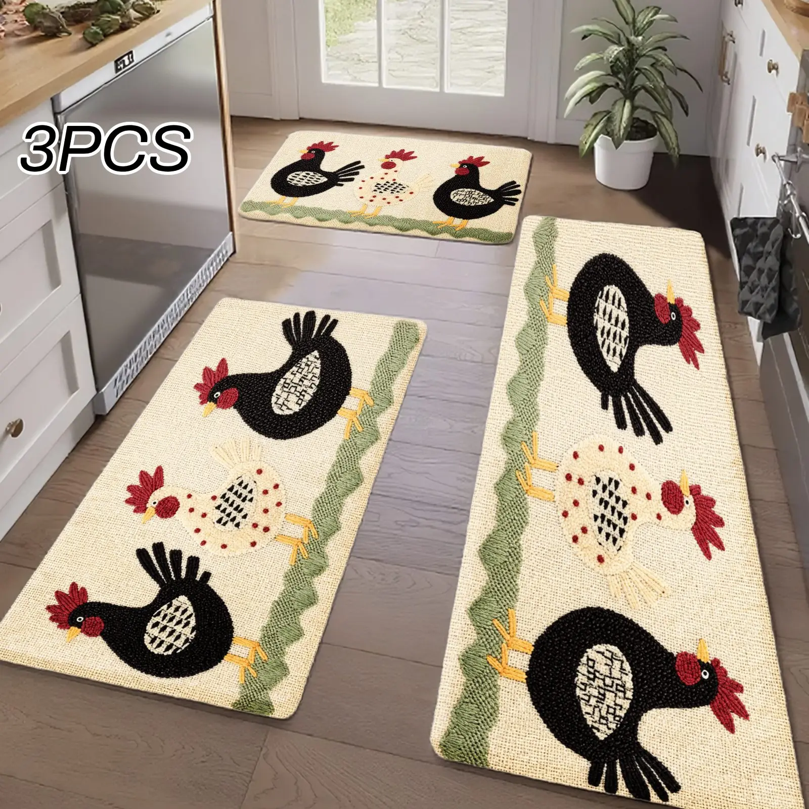 3PCS Kitchen Rugs,Home Decoration for Front Door, Kitchen, Bathroom, Chicken Rooster Pattern Border And Red Accents Dining Mat