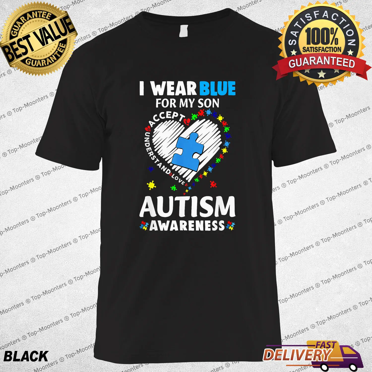 

Heart I Wear Blue For My Son Autism Awareness Month T-Shirt Gift for Dad Mom