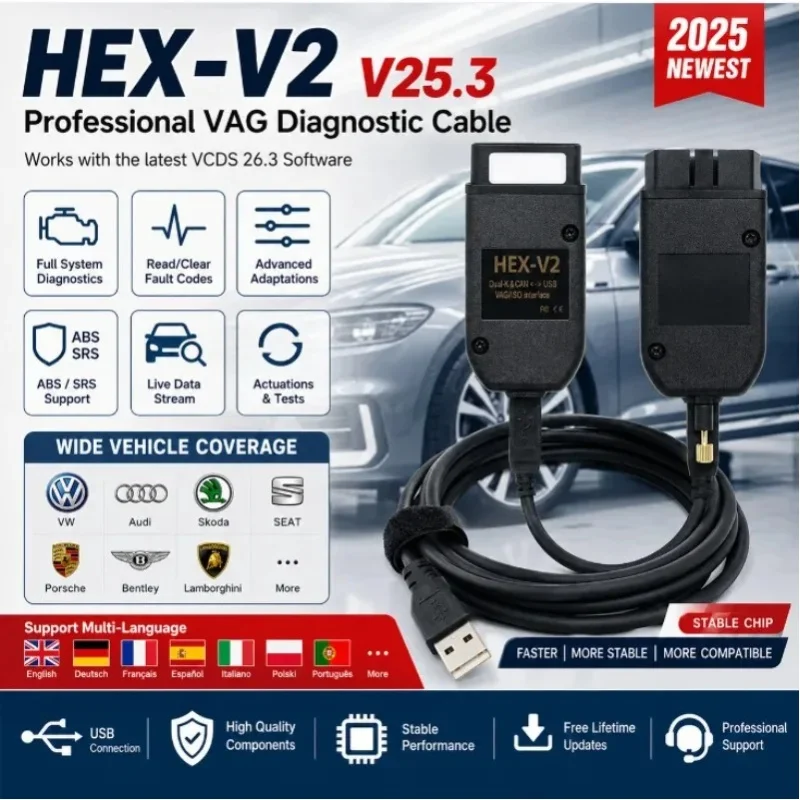 2026 Neuester VCDS 25.3 HEX V2 OBD2 Scanner Mehrsprachig für VAG VW Audi Skoda Seat Auto-Diagnosegerät USB-Kabel-Schnittstelle COM